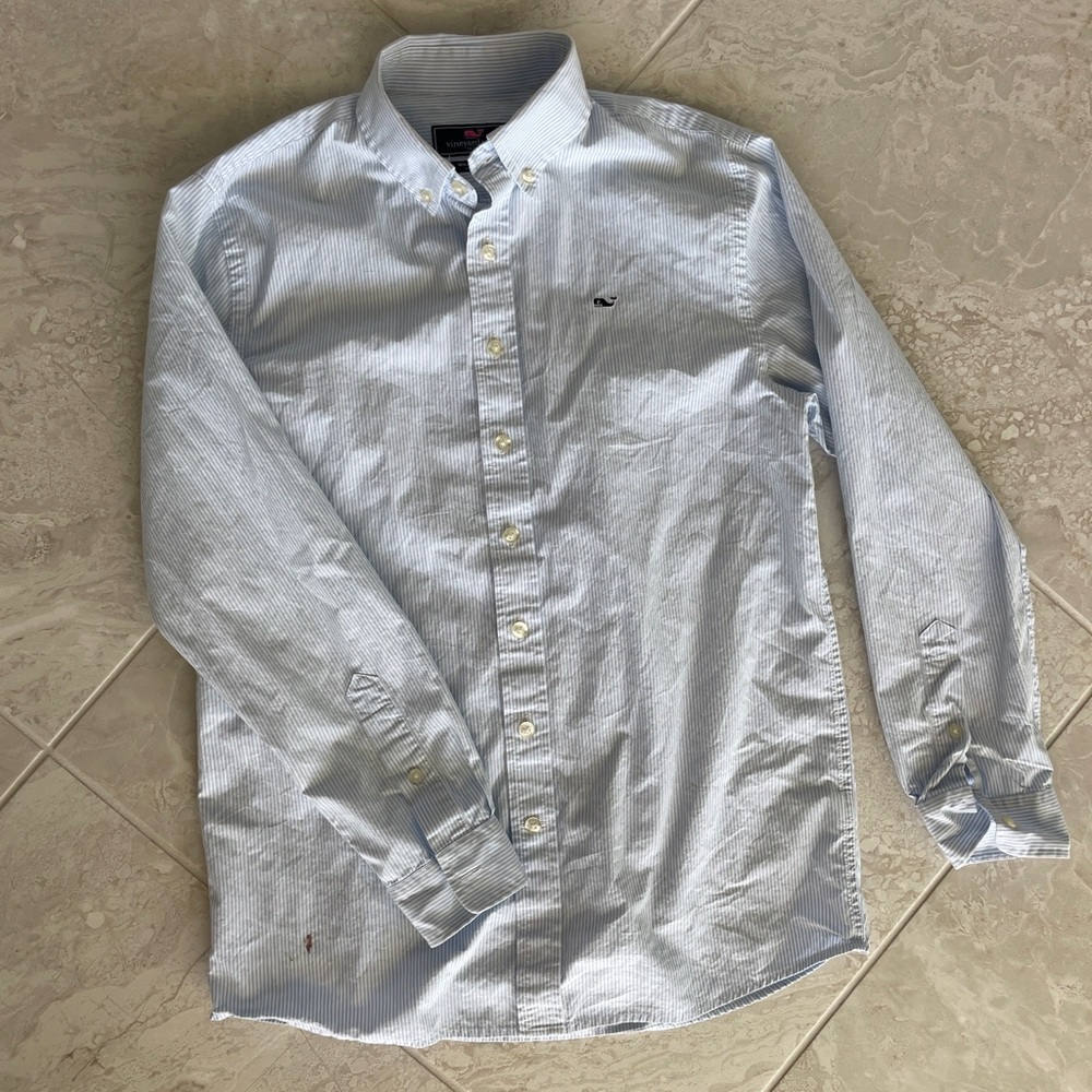 Vineyard Vines boy’s L 16-18 blue & white pinstripe whale button down shirt